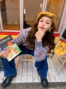 毛衣 重磅精纺50%羊毛彩色条纹针织套头衫 稀罕高端线 复古法式