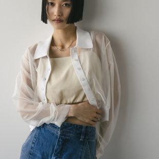 针织开衫 朦胧氧氣感 透视长袖 洋气减龄POLO领拼接式 STY1EM1XER