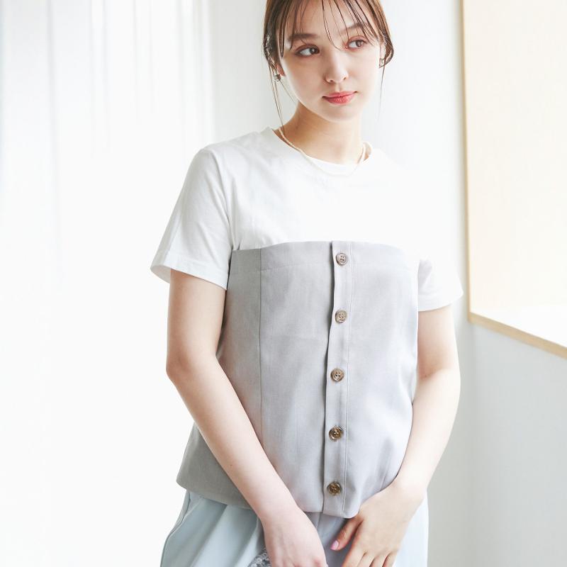 单排扣假两件设计时尚百搭T恤