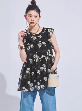浪漫松弛感 J1ll家超人气 细腻干爽杨柳纱古典艺术大花卉伞摆上衣