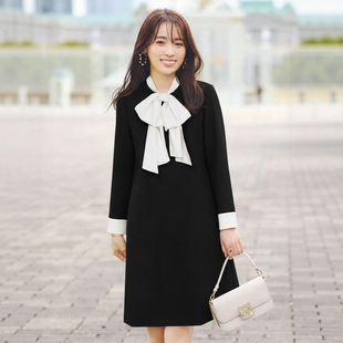 日本客供来料 D家 BIG拼色蝴蝶结领通勤百搭连衣裙 稀罕高端 2.2w