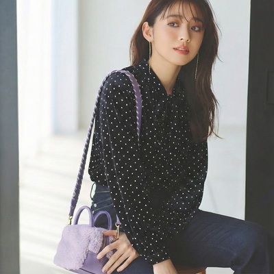 u@ greenl@bel 前后2WAY穿 法式优雅波点 捏褶蝴蝶结飘带领衬衫