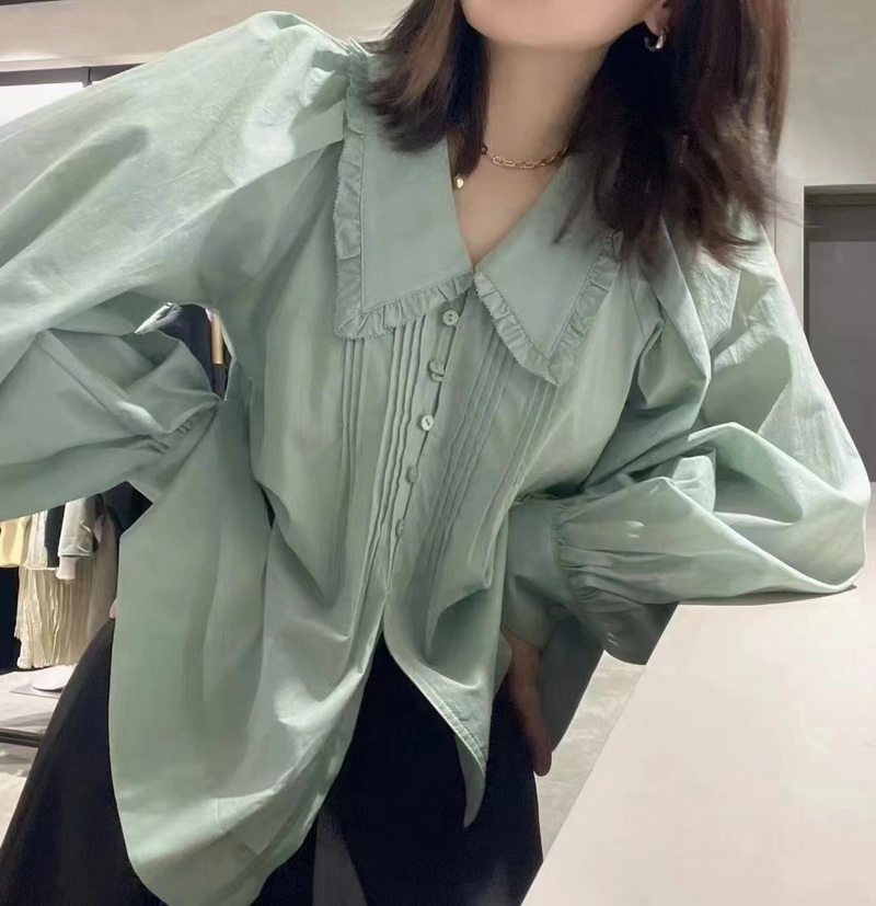 娃娃领塔克褶泡泡袖纯棉衬衫