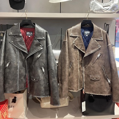 少量检品返回~M家超人气 机车风宽松廓形皮衣夹棉夹克棉衣外套