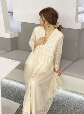 【限时大促】女神滤镜 1en@  唯美立体蕾丝花边袖V领收腰连衣裙