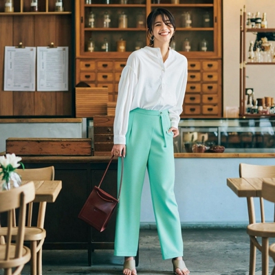 2w+L0un1e 光泽打动你~腰带斜襟设计 高品质缎面垂感松紧腰锥形裤