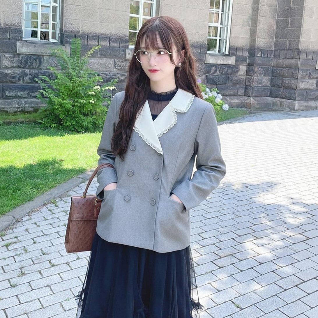 仅4件~F家超人气 端庄高雅淑女 甜美蕾丝边翻领双排扣西装外套