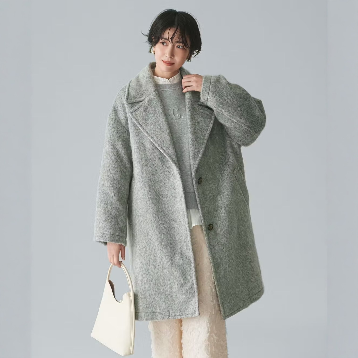 仅4件~人气合作款 莱姆绿里衬 拉毛宽驳领中长款保暖毛呢大衣外套