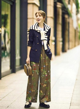 【舒适派】MO家超人气 时尚清新植物印染光泽缎面休闲阔腿直筒裤