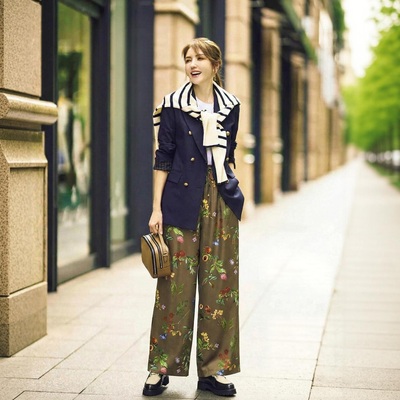 【舒适派】MO家超人气 时尚清新植物印染光泽缎面休闲阔腿直筒裤
