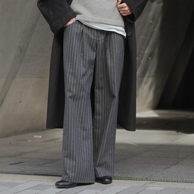 奢暖绅士~客供羊毛混紡弧形口袋男士条纹休闲百搭直筒裤西裤