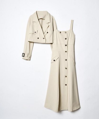 双排扣短款风衣拼雪纺百褶背带裙