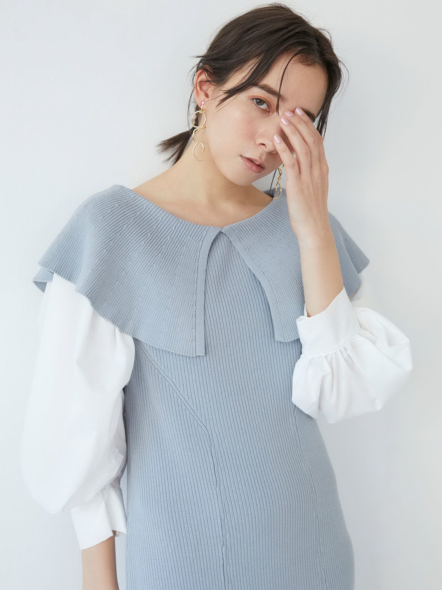 舒适修身灯笼袖螺纹针织连衣裙