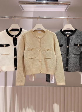 g1190~F家 精致名媛风法式箱型浮雕金扣圆领拼色小香针织开衫外套