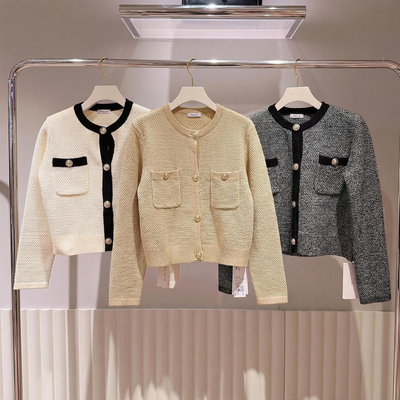 g1190~F家 精致名媛风法式箱型浮雕金扣圆领拼色小香针织开衫外套