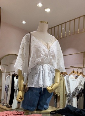 爆款~Ch1co 22ss店头主推 甜美镂空花纹喇叭袖纯棉收腰上衣衬衫