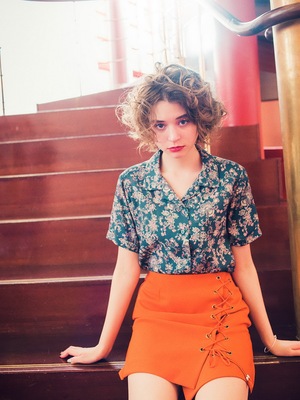 girl画册揭载人棉复古风短袖衬衫