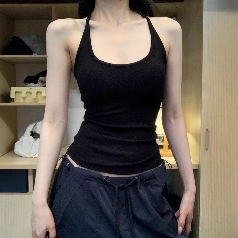 百搭纯色挂脖遮副乳美背吊带背心女内搭外穿修身显瘦带胸垫小
