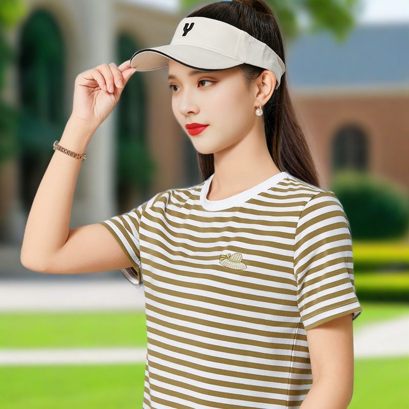 运动短袖女条纹圆领t恤纯棉夏季新款休闲衫百搭体恤polo衫女显瘦