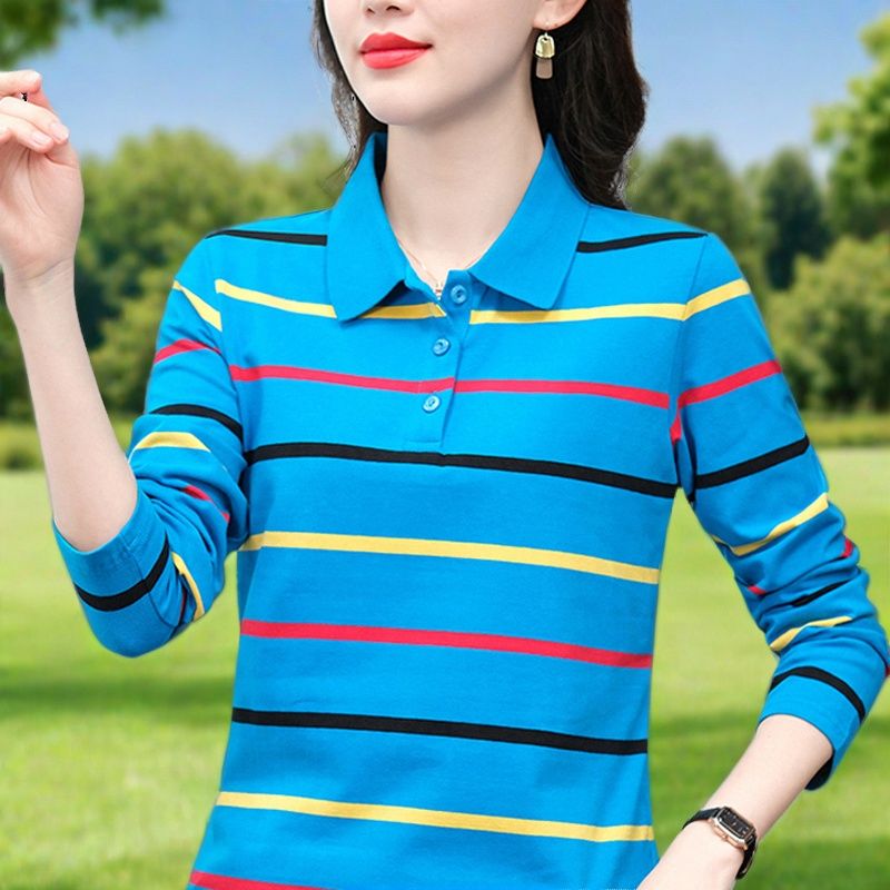 有领运动条纹长袖时尚纯棉女翻领