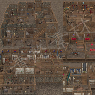 unity maya c4d fbx中世纪卡通风房子内部场景杂货铺木桶模型 968