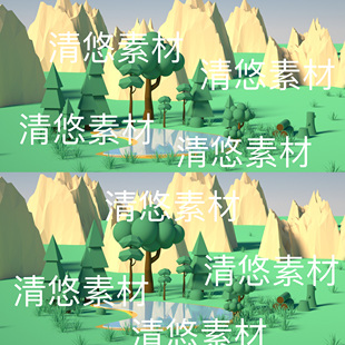 非实物D255 c4d卡通多边形卡通湖泊树木oc渲染环境场景文件
