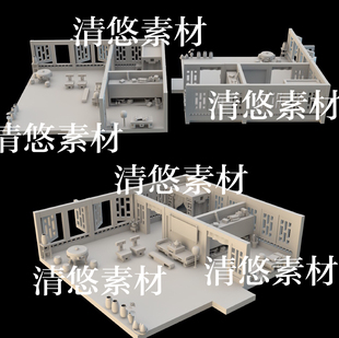 obj格式 3dmax c4d fbx 非实物B130 卡通风古代房间书房室内文件