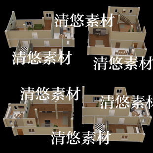 maya c4d fbx低面卡通现代房间客厅厕所室内场景文件 非实物A982