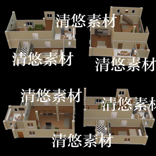 maya c4d fbx低面卡通现代房间客厅厕所室内场景文件 非实物A982