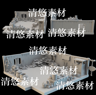 obj格式 3dmax c4d fbx 非实物B305 古风卡通室内桌椅柜瓶子缸文件