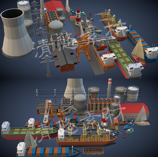 fbx卡通港口码 unity maya c4d 头货场船工业建筑帆船电塔模型