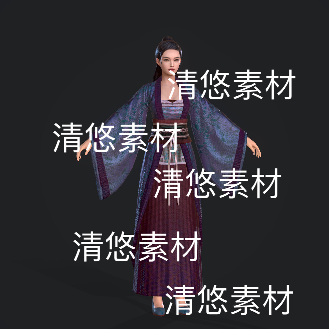 古装美女人物c4d fbx obj格式骨骼绑定年轻女子文件 非实物D604