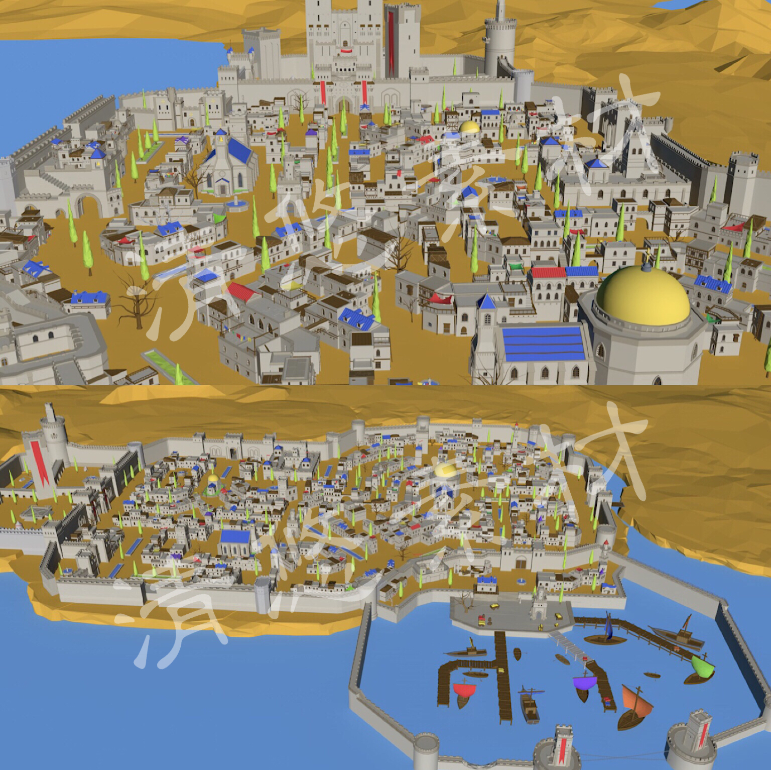 卡通沙漠城堡城池阿拉伯建筑unity maya c4d fbx模型码头场景975