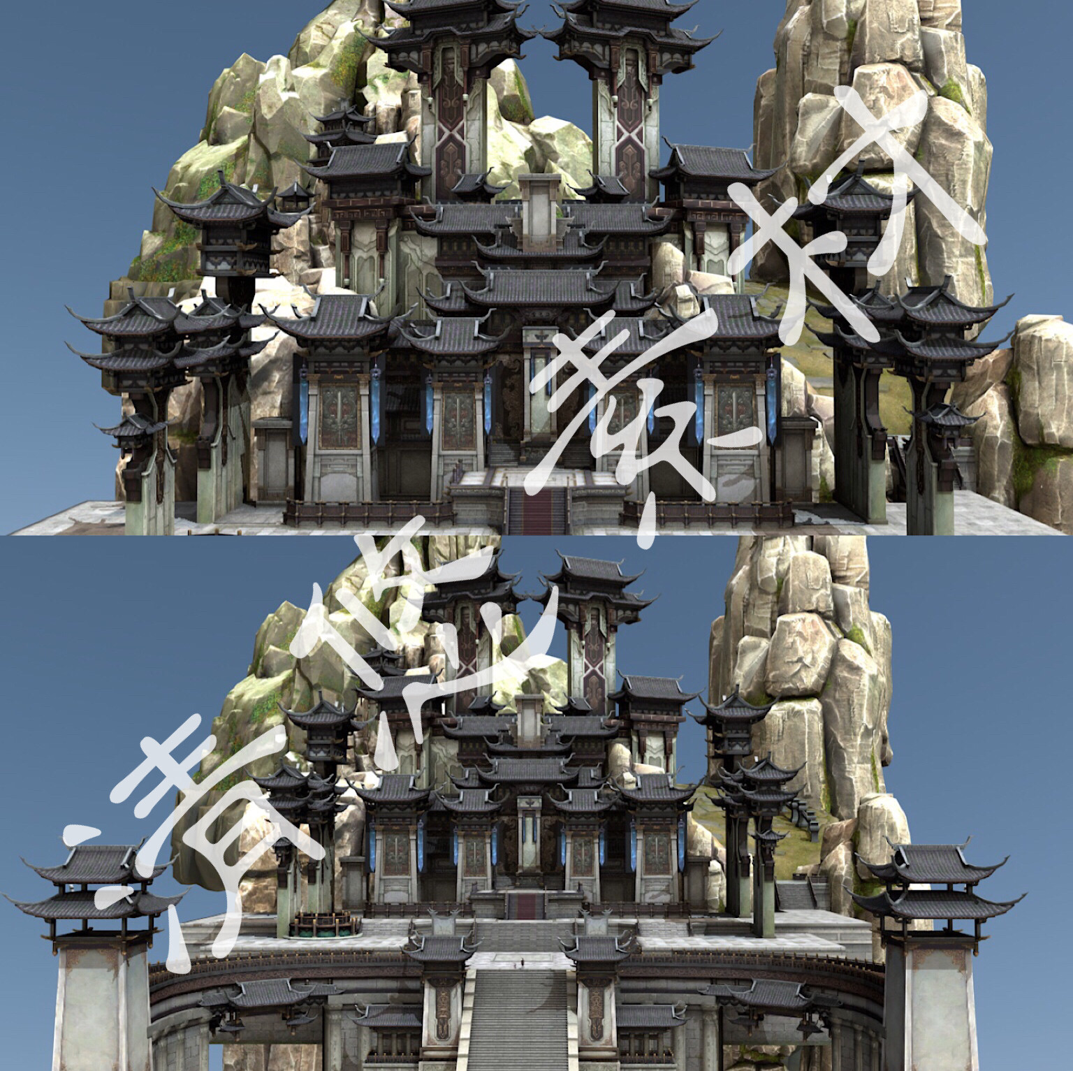 古建筑游戏场景 3dmax c4d模型华山山体石山大殿fbx格式 412