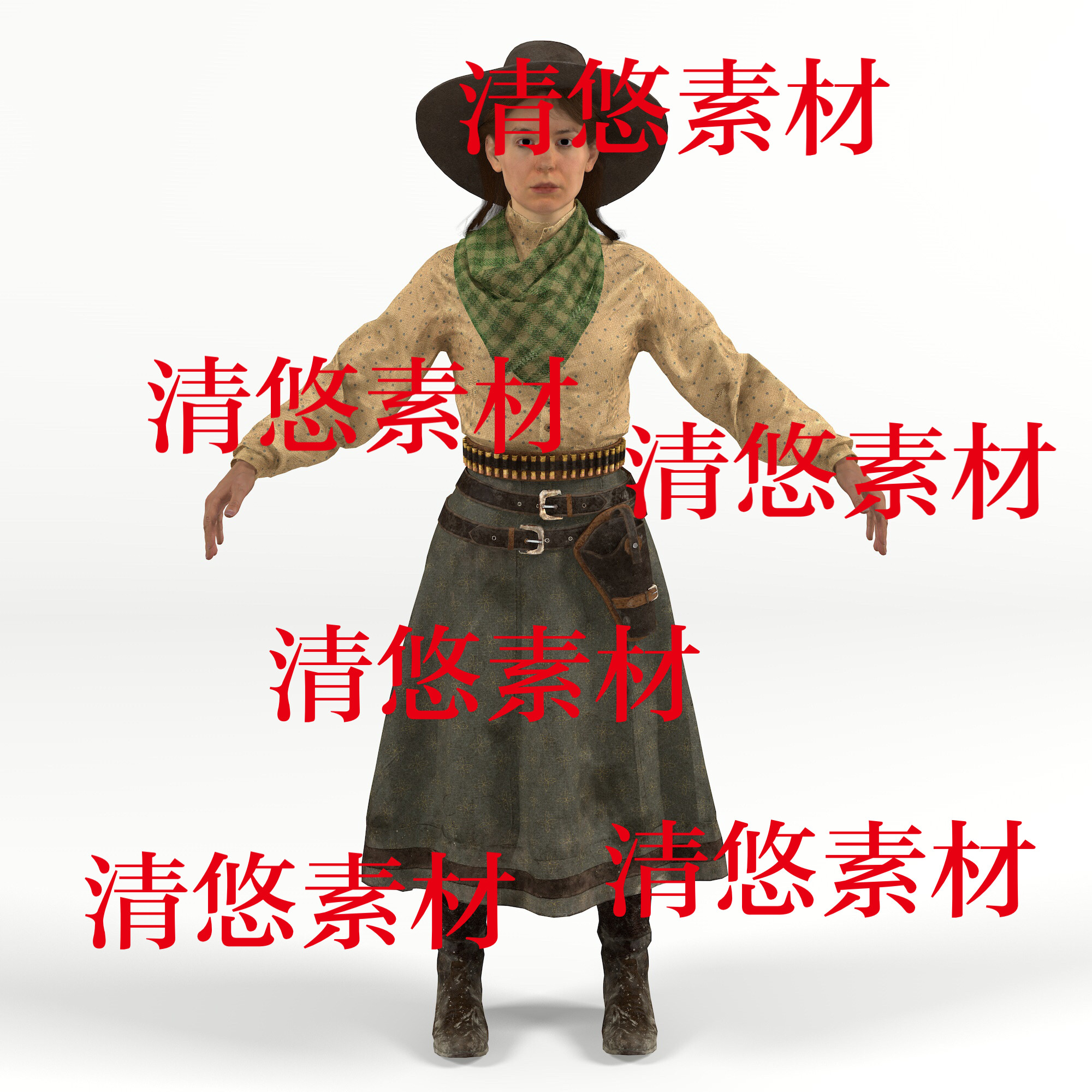 c4d fbx obj格式西部牛仔风帽子人物女骨骼绑定文件 非实物B352