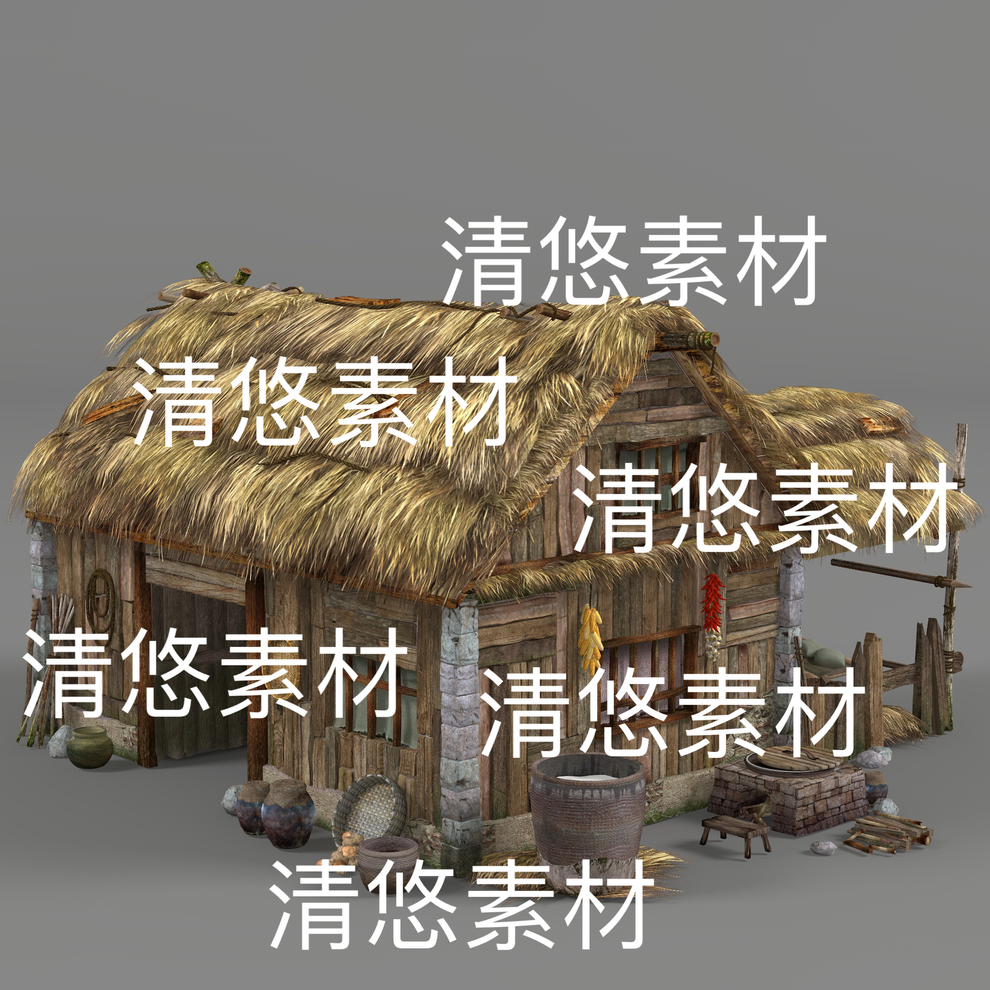 3dmax c4d fbx obj格式农家小屋茅草房子土灶文件 非实物D442