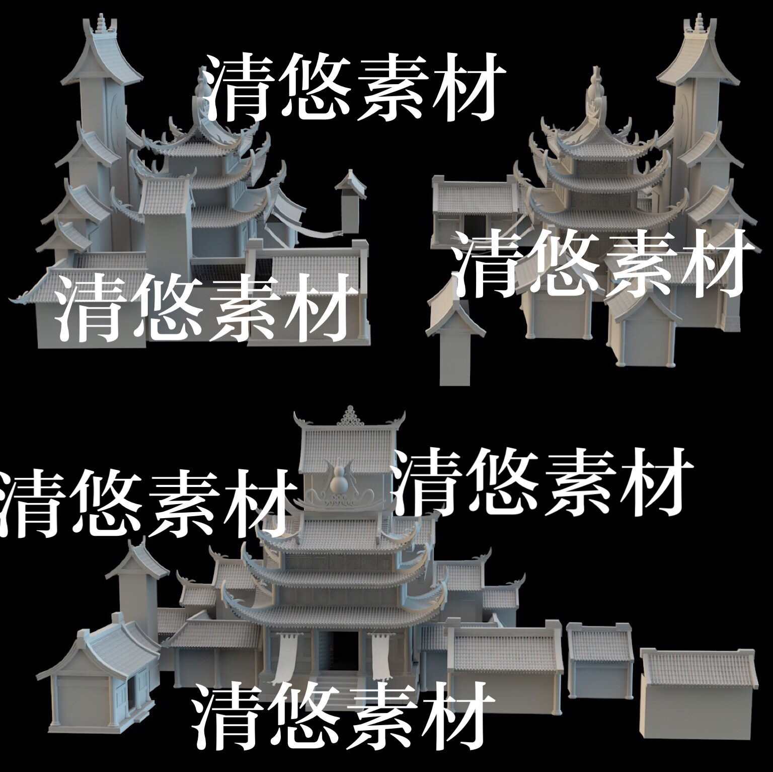 3dmax c4d fbx obj格式古风建筑房子屋顶道观场景文件 非实物A993