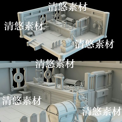 maya 3dmax c4d fbx古风卡通室内场景金铺柜台模型文件非实物A911