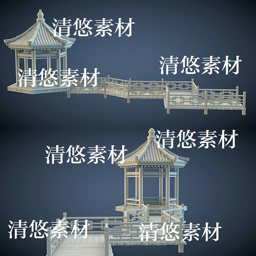 3dmax c4d fbx obj格式古风中式六角亭子木桥模型文件 非实物A829