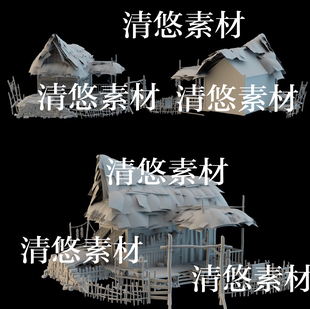 obj格式 3dmax c4d fbx 非实物B201 古风草屋篱笆木架箩筐筛子文件