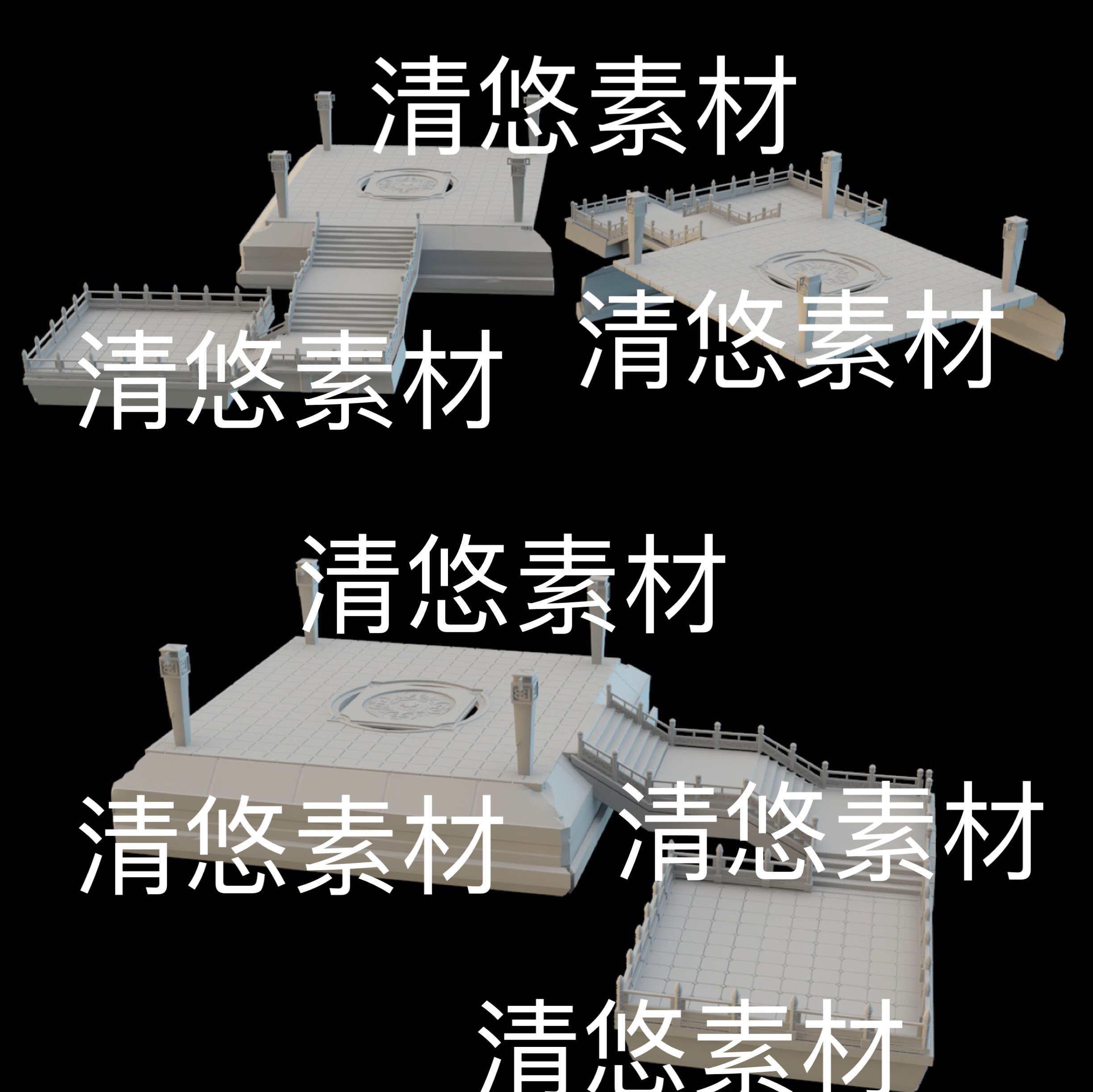 3dmax c4d fbx obj格式仙侠古风石阶围栏地砖平台文件 非实物B612