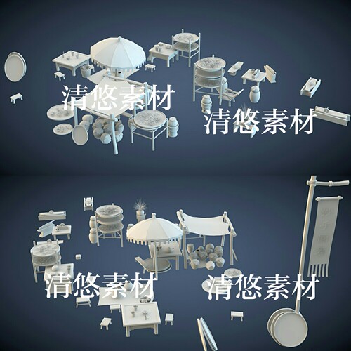 古代药铺簸箕坛子桌子凳子3dmax c4d fbx obj格式模型 非实物A405