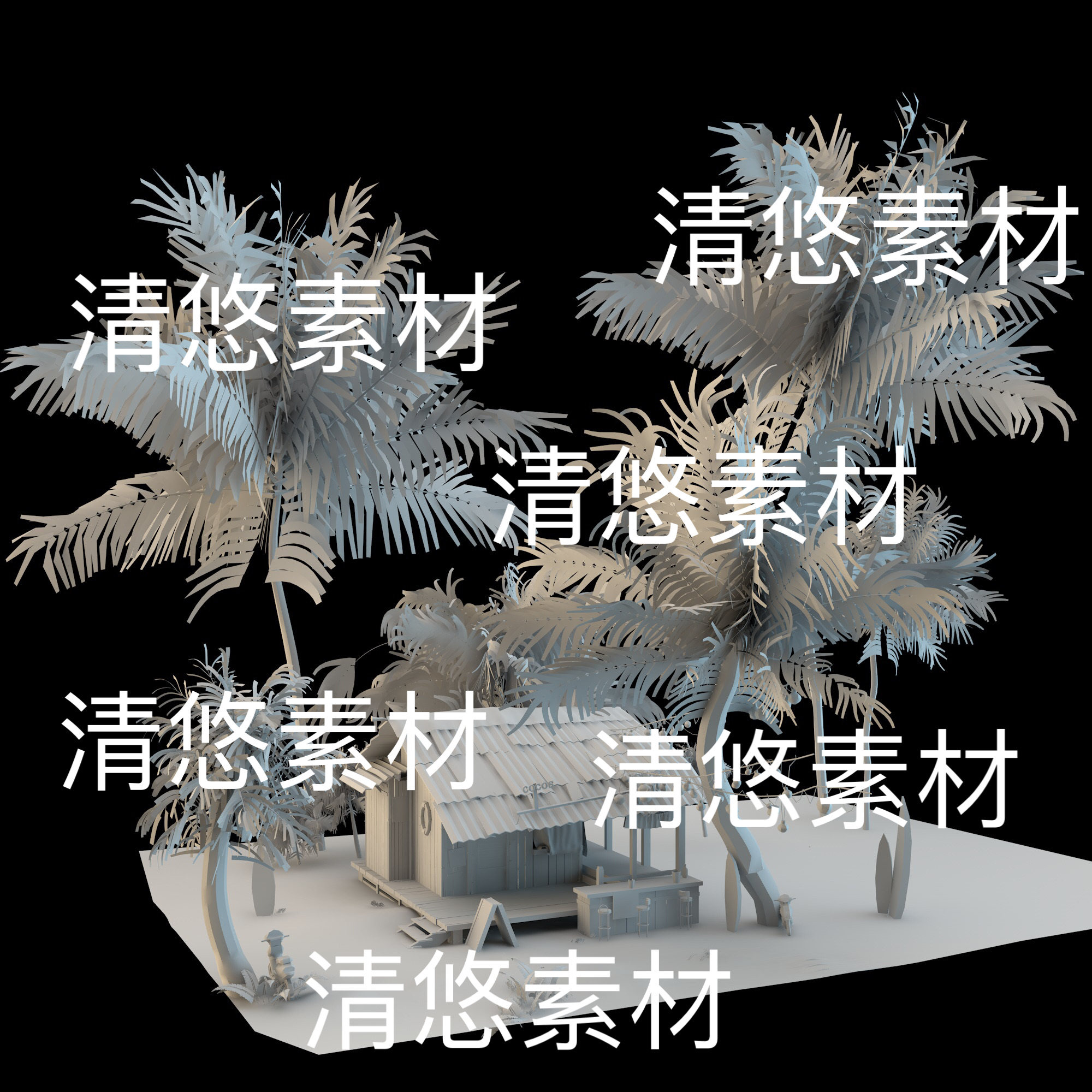 c4d fbx obj格式沙滩海边别墅小木屋房子场景文件 非实物D659