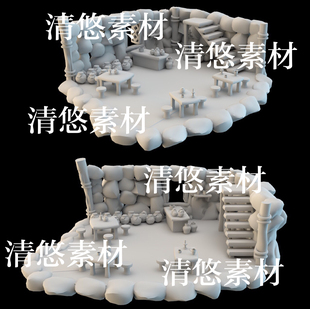 maya c4d fbx obj古代卡通酒馆室内场景坛桌椅模型文件 非实物B9
