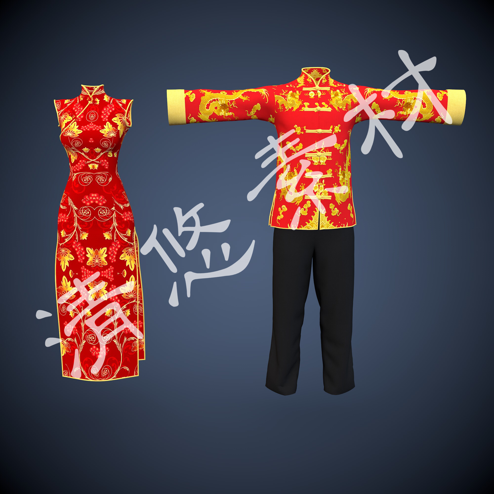 长袍长衫红色龙凤图案旗袍3dmax c4d fbx格式模型男女中国风462