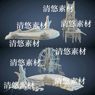 3dmax c4d fbx obj古代建筑水车石路阶梯枯树模型文件 非实物A792