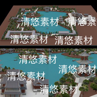 obj fbx c4d 非实物B526 中式 古风公园湖泊建筑文件 3ds格式