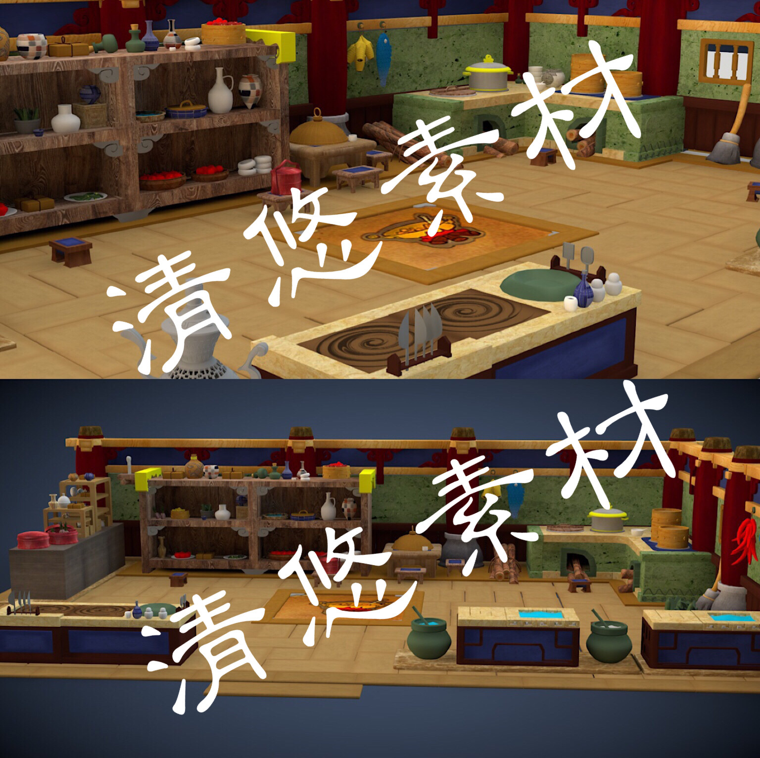 q版卡通厨房3dmax c4d fbx场景灶台柜子蒸笼厨房元素模型 762