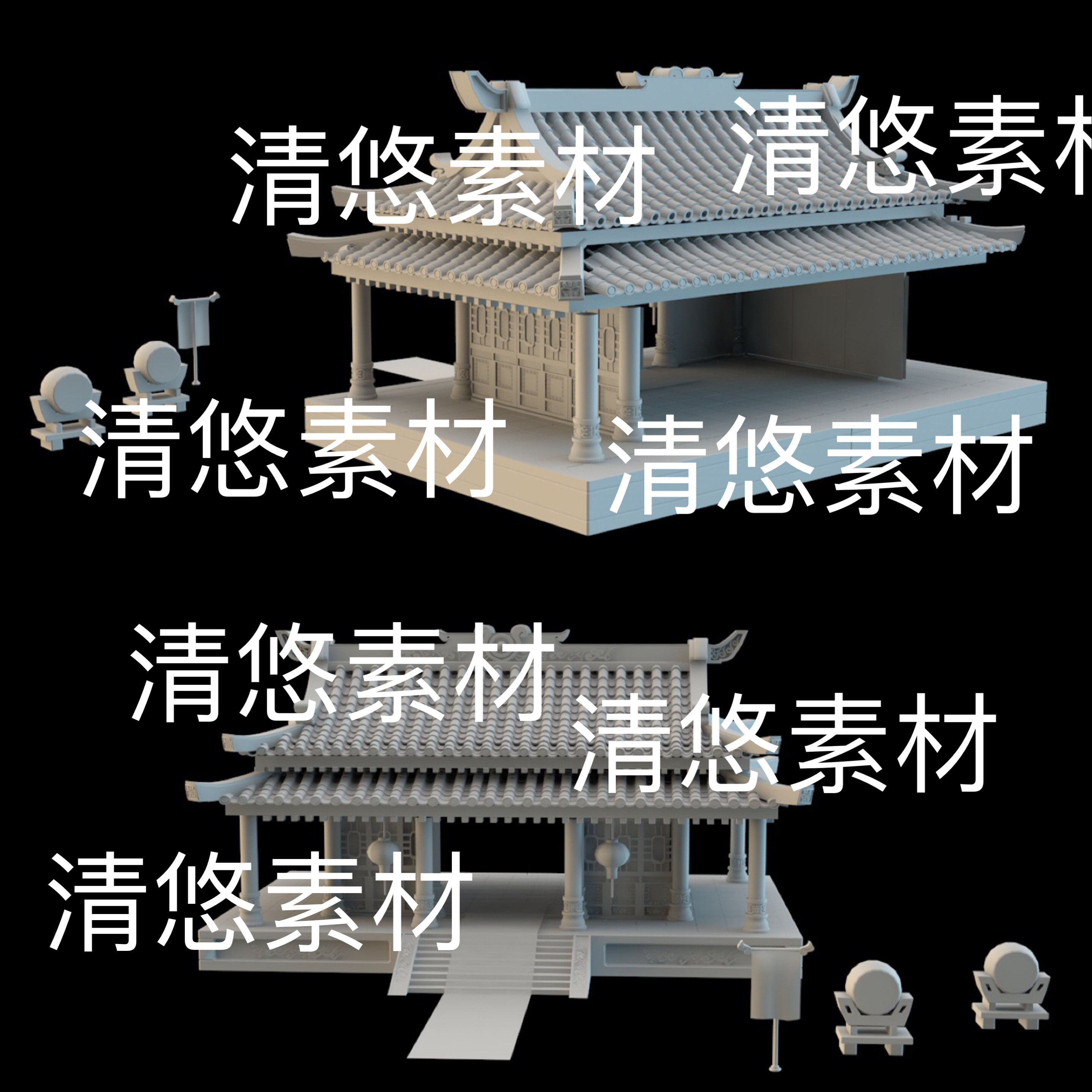 3dmax高模卡通风古建筑大门屋顶屋檐c4d fbx obj文件 非实物D883