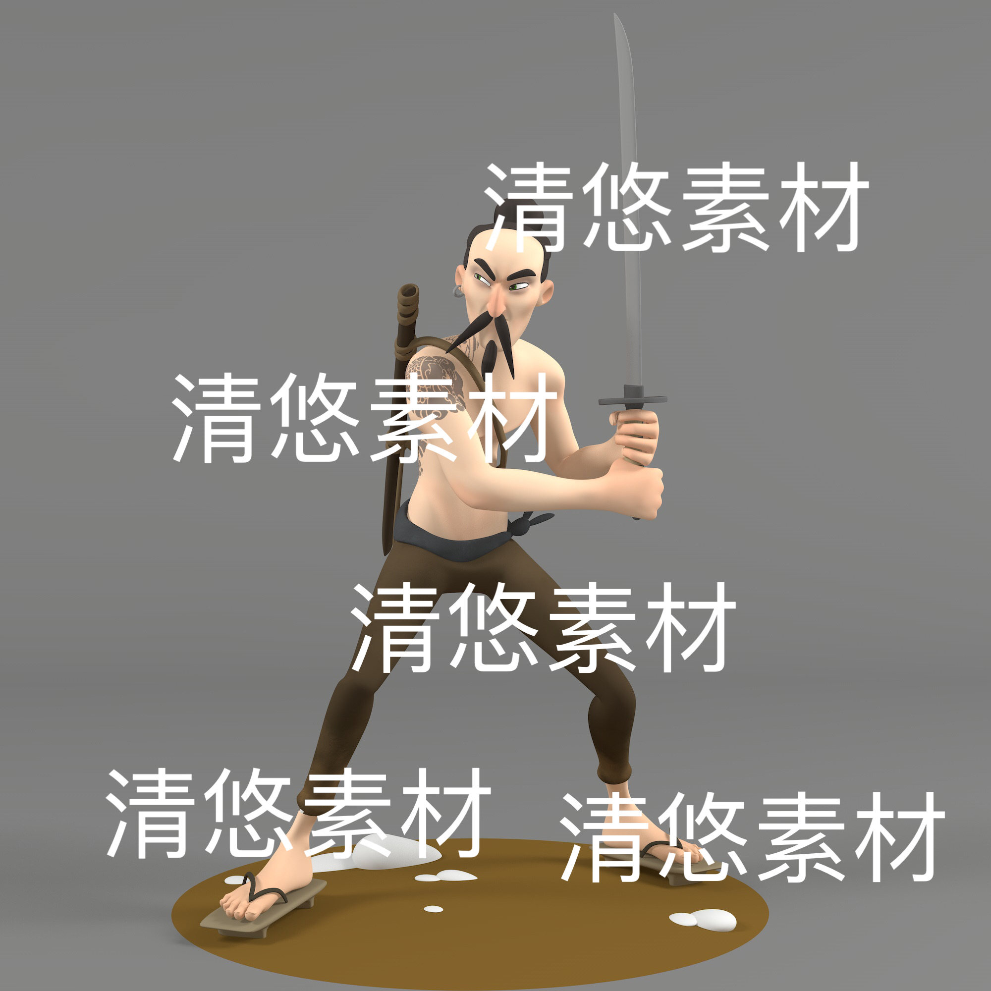c4d fbx obj格式卡通手持武士刀日本男性模型文件 非实物D706